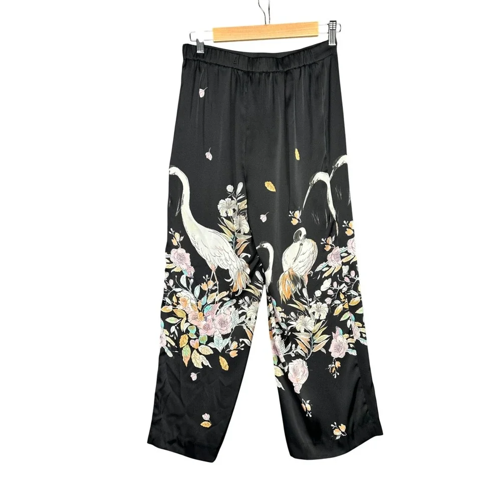 Zara Floral Crane Print Wide Leg Pants Womens Small Black Satin Cropped Pleated - Picture 5 of 14